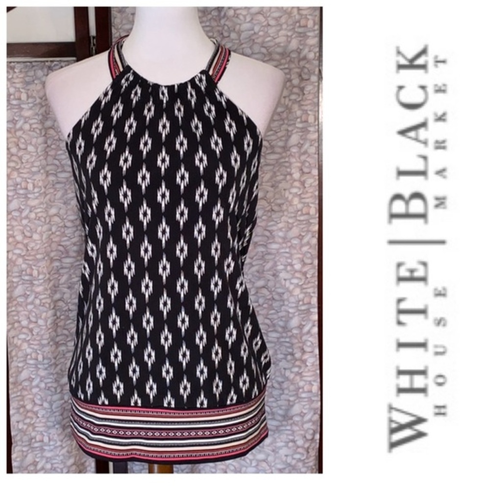 White House Black Market black with SW diamond patterned halter top.